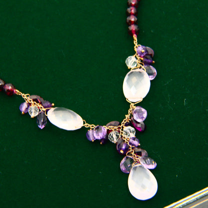 Vintage 9ct Amethyst Rose Quart Garnet Drop Bead Necklace Yellow Gold Boxed