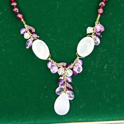 Vintage 9ct Amethyst Rose Quart Garnet Drop Bead Necklace Yellow Gold Boxed