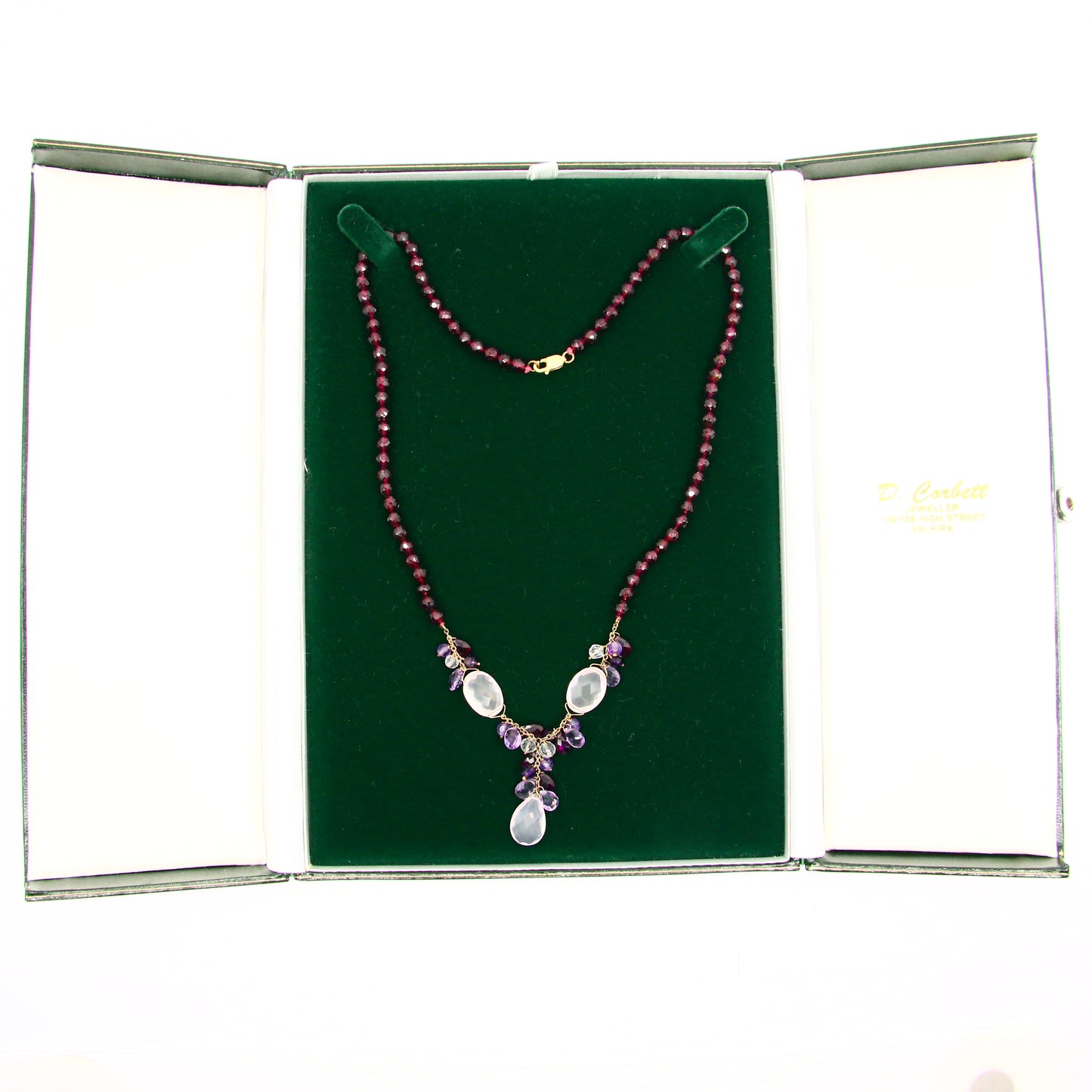 Vintage 9ct Amethyst Rose Quart Garnet Drop Bead Necklace Yellow Gold Boxed