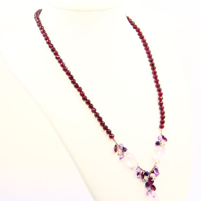 Vintage 9ct Amethyst Rose Quart Garnet Drop Bead Necklace Yellow Gold Boxed