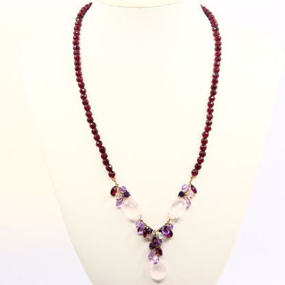 Vintage 9ct Amethyst Rose Quart Garnet Drop Bead Necklace Yellow Gold Boxed