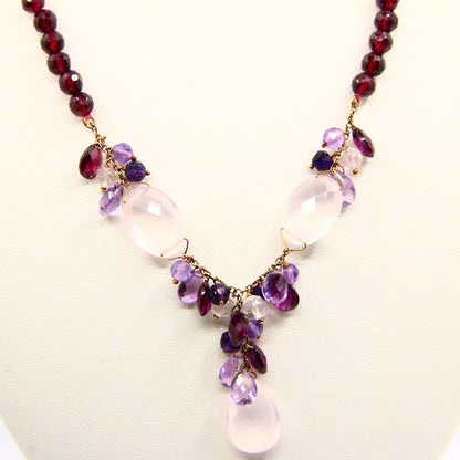 Vintage 9ct Amethyst Rose Quart Garnet Drop Bead Necklace Yellow Gold Boxed