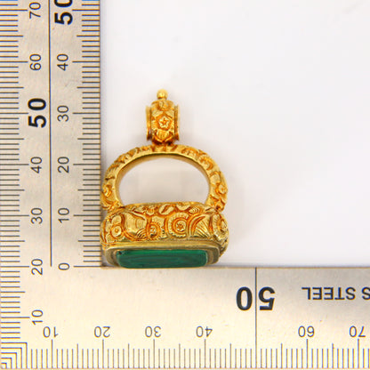 Large Antique 18ct Drop Pendant Gold Malachite Seal Charm Embossed Shells & Flowers