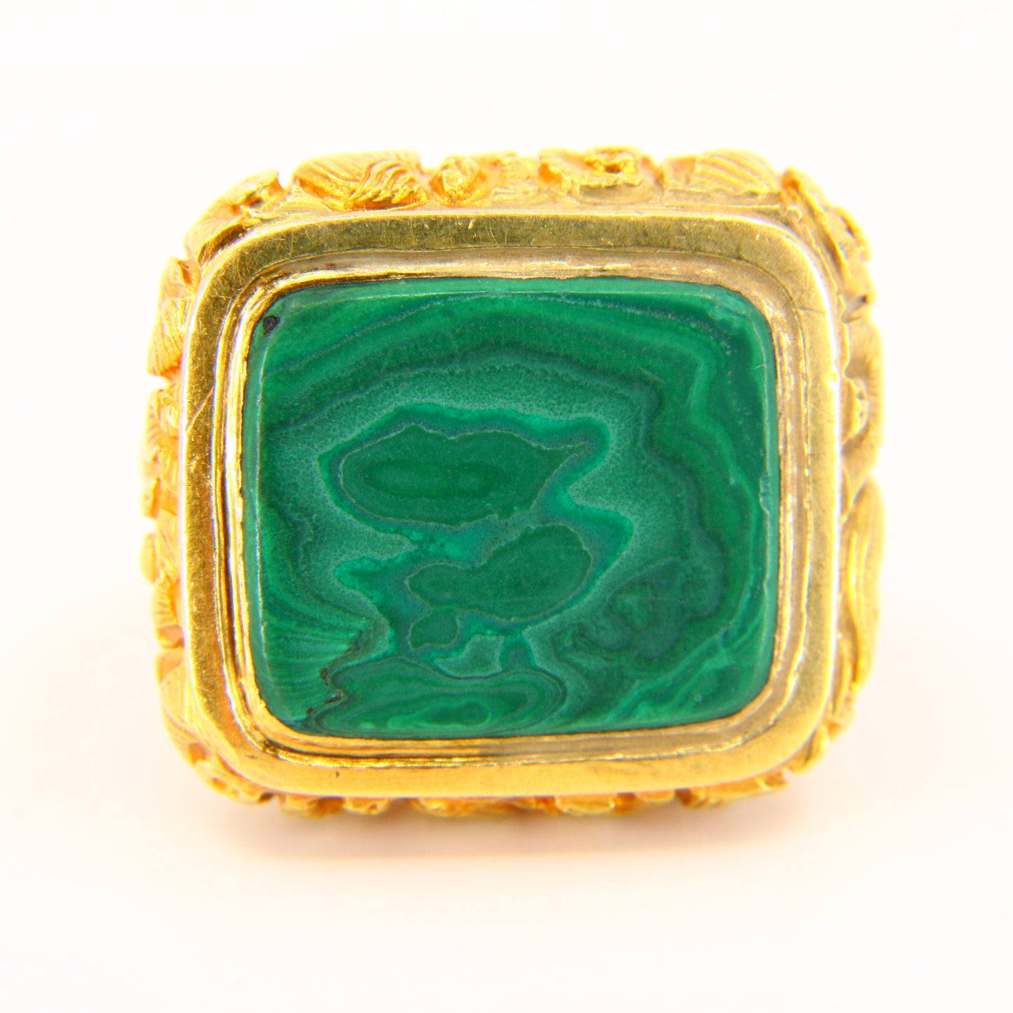 Large Antique 18ct Drop Pendant Gold Malachite Seal Charm Embossed Shells & Flowers