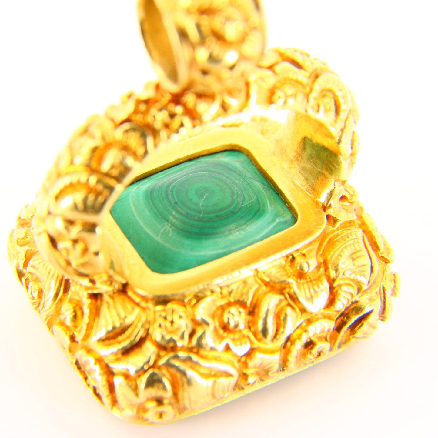 Large Antique 18ct Drop Pendant Gold Malachite Seal Charm Embossed Shells & Flowers