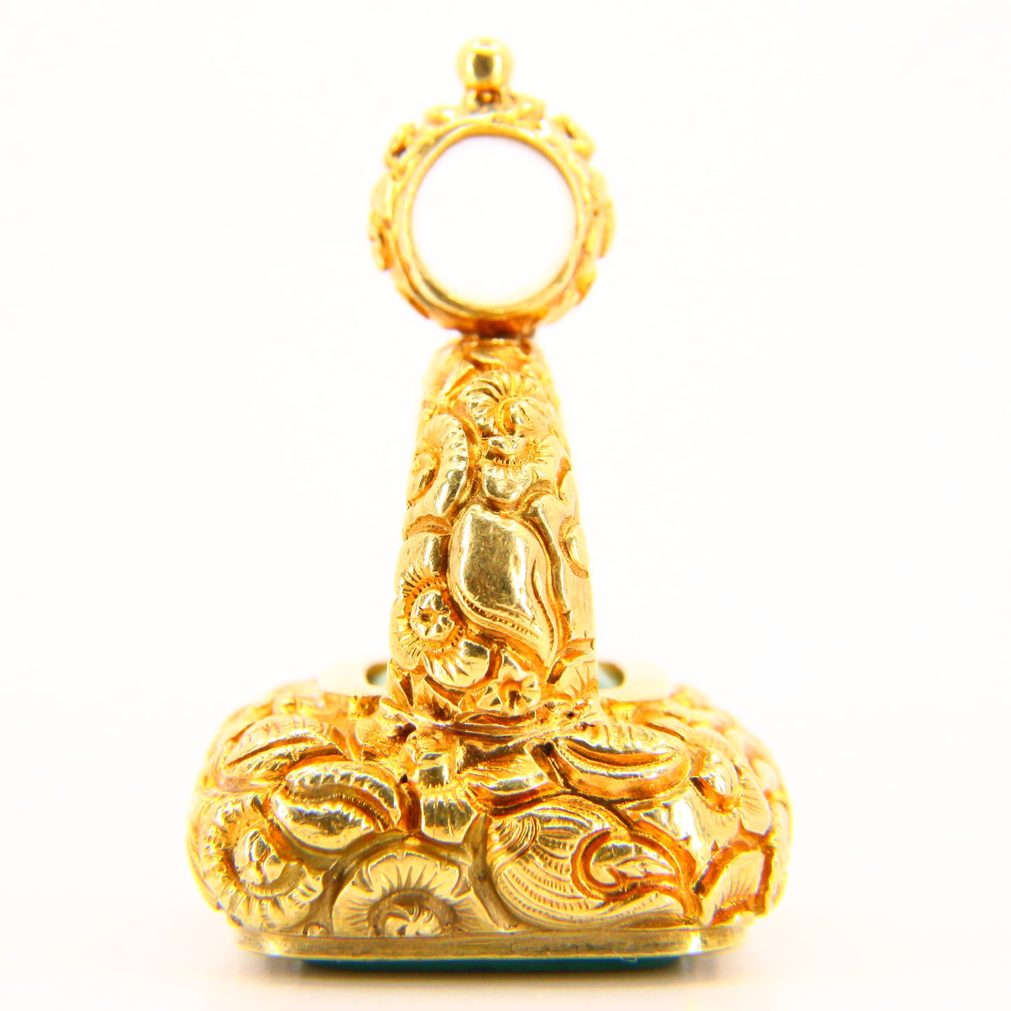 Large Antique 18ct Drop Pendant Gold Malachite Seal Charm Embossed Shells & Flowers