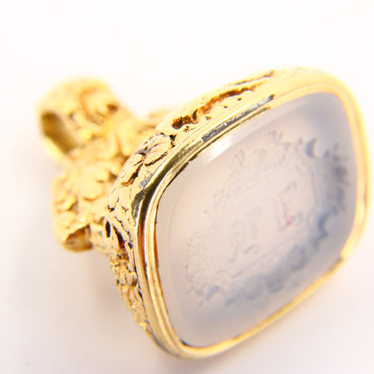 Large Antique 18ct Pendant Gold White Agate Seal Carved Intaglio Embossed Shells and Flowers