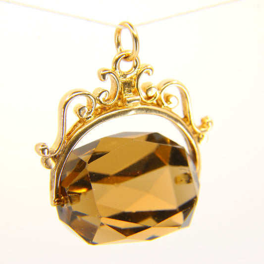 Vintage 9ct Spinner Charm Smokey Quartz Yellow Gold Pendant 9 Carat Hallmarked