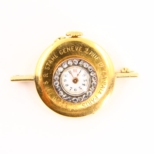 Vintage 18K Golay Fils & Stahl, Geneve Diamond Yellow Gold Button Brooch Watch Shirt Hole Watch