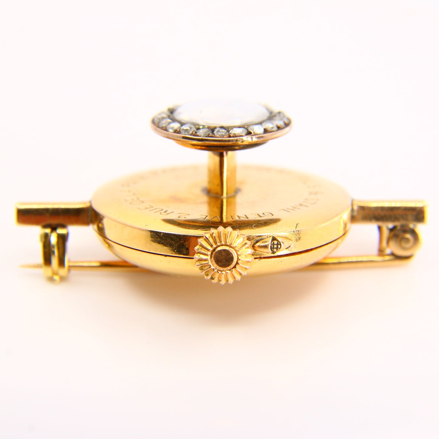 Vintage 18K Golay Fils & Stahl, Geneve Diamond Yellow Gold Button Brooch Watch Shirt Hole Watch