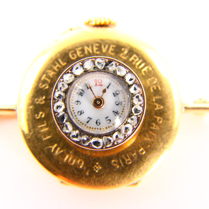 Vintage 18K Golay Fils & Stahl, Geneve Diamond Yellow Gold Button Brooch Watch Shirt Hole Watch