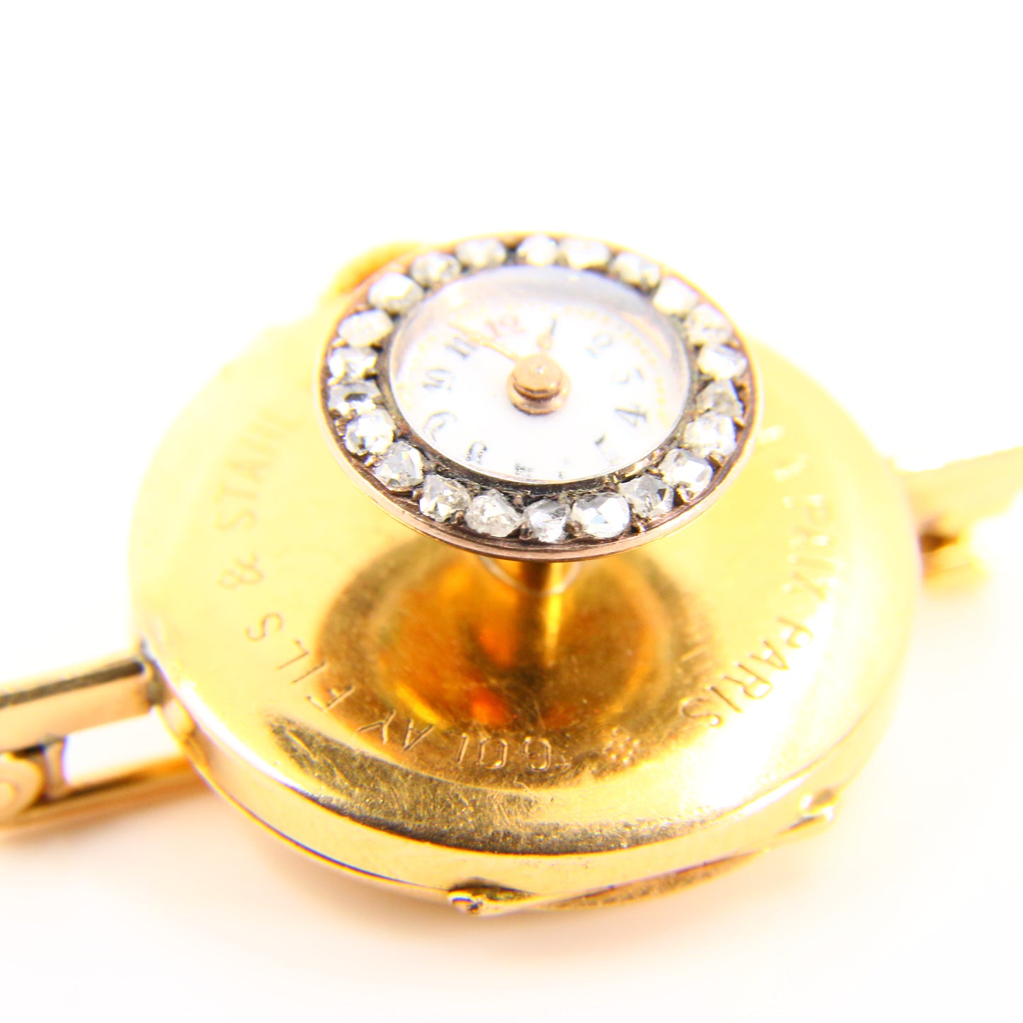 Vintage 18K Golay Fils & Stahl, Geneve Diamond Yellow Gold Button Brooch Watch Shirt Hole Watch