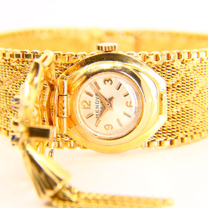 Vintage 18ct Gold Ladies Cocktail Watch Tassel Latch Concealed Dial Mendys Swiss Made 17 Rubis Boxed