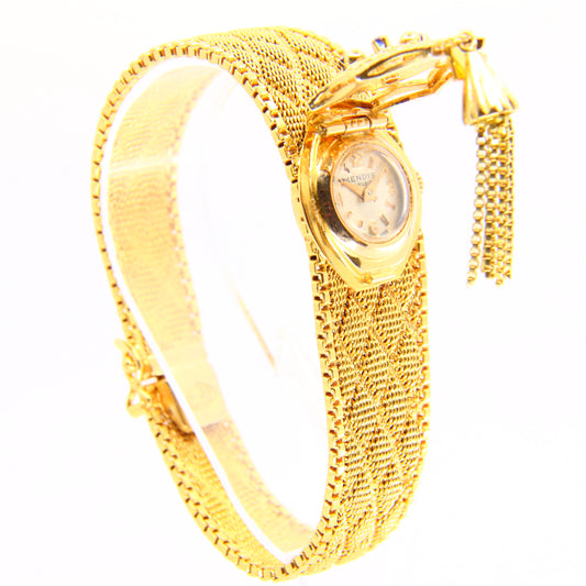 Vintage 18ct Gold Ladies Cocktail Watch Tassel Latch Concealed Dial Mendys Swiss Made 17 Rubis Boxed