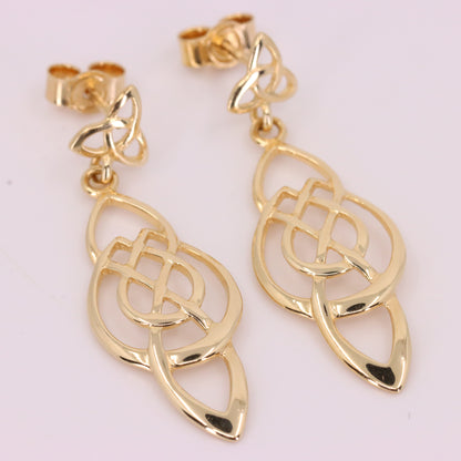 Vintage 9ct Hallmarked Yellow Gold Celtic Knot Drop Dangle Earrings Boxed Gift