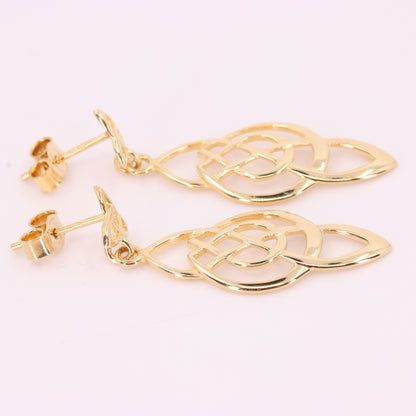 Vintage 9ct Hallmarked Yellow Gold Celtic Knot Drop Dangle Earrings Boxed Gift