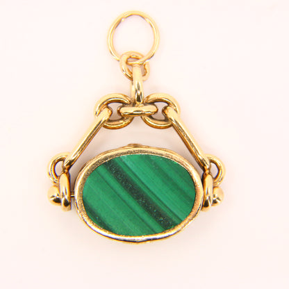 Antique 9ct Malachite & Red Onyx Spinner Pendant Hallmarked Yellow Gold Charm