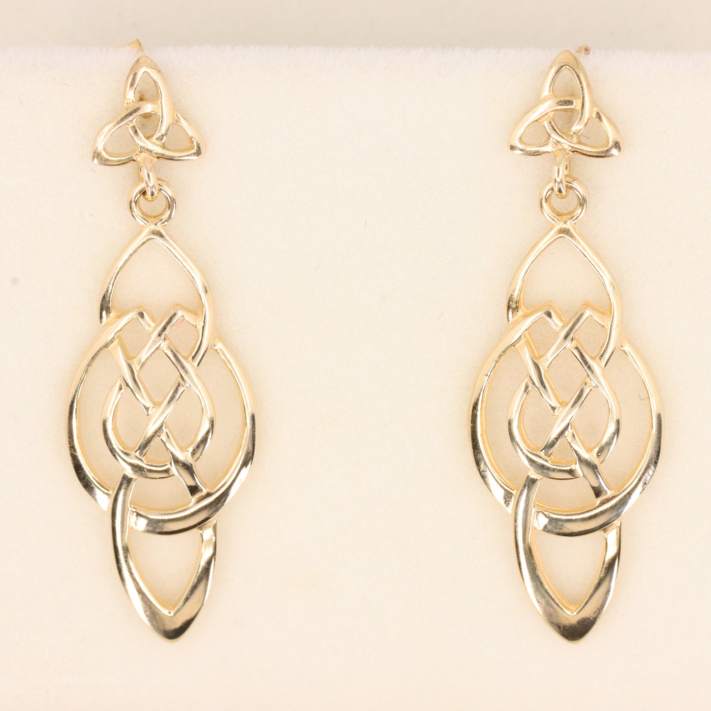 Vintage 9ct Hallmarked Yellow Gold Celtic Knot Drop Dangle Earrings Boxed Gift