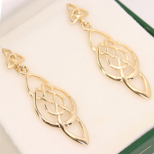 Vintage 9ct Hallmarked Yellow Gold Celtic Knot Drop Dangle Earrings Boxed Gift