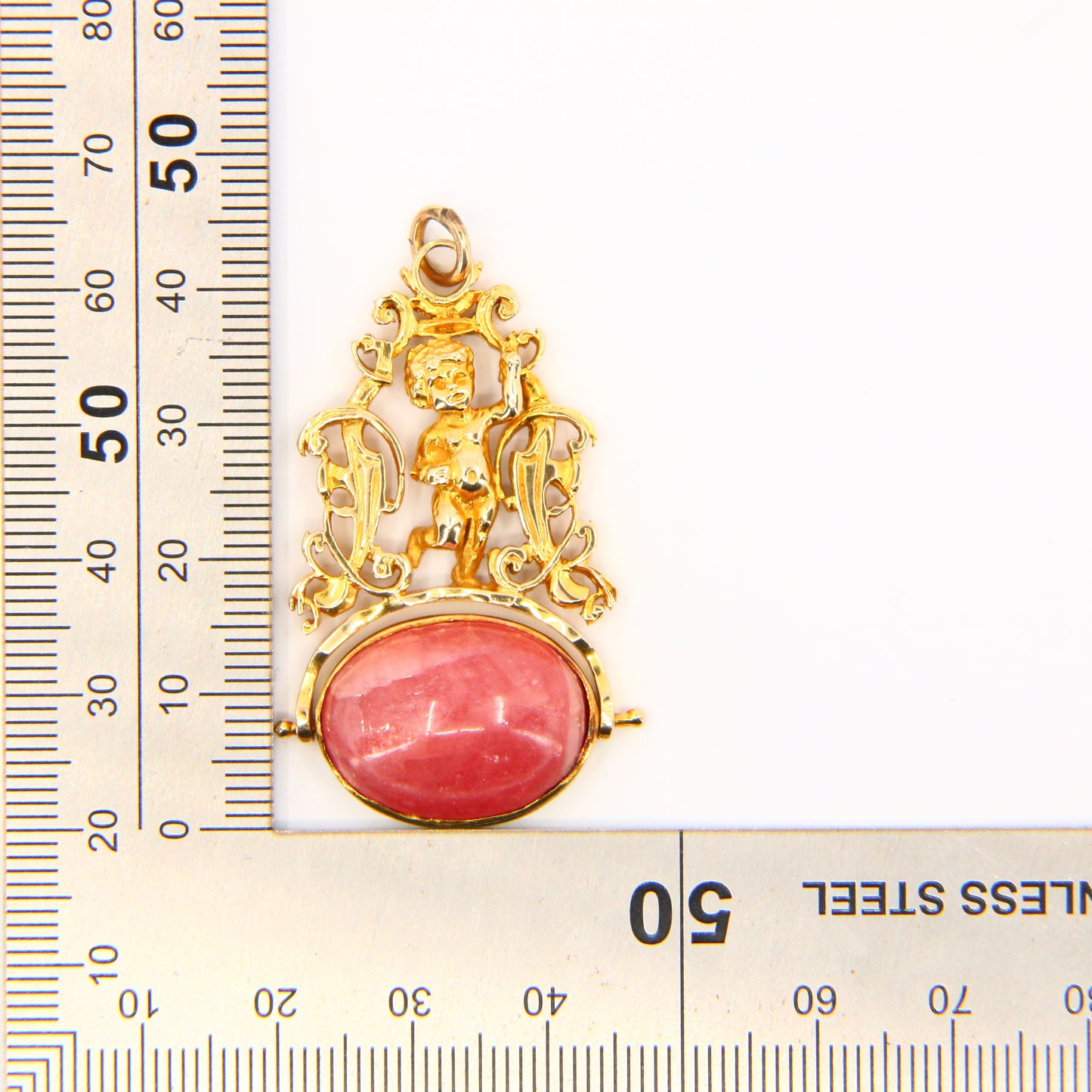 Vintage 9ct Rhodochrosite Cherub Spinner Pendant Hallmarked Yellow Gold Charm