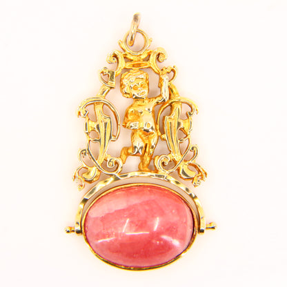 Vintage 9ct Rhodochrosite Cherub Spinner Pendant Hallmarked Yellow Gold Charm