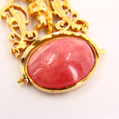 Vintage 9ct Rhodochrosite Cherub Spinner Pendant Hallmarked Yellow Gold Charm