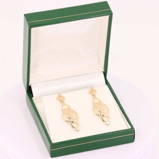 Vintage 9ct Hallmarked Yellow Gold Celtic Knot Drop Dangle Earrings Boxed Gift
