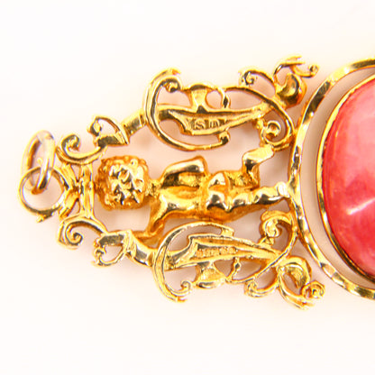 Vintage 9ct Rhodochrosite Cherub Spinner Pendant Hallmarked Yellow Gold Charm