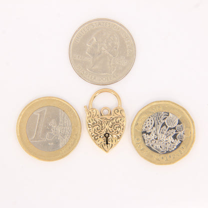Vintage 9ct Engraved Heart Lock Gold Charm Padlock Closer Pendant Hallmarked Gift