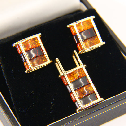 Vintage 14 Carat Amber Gold Pendant Earring Set 14k Polish Amber Jewellery Set