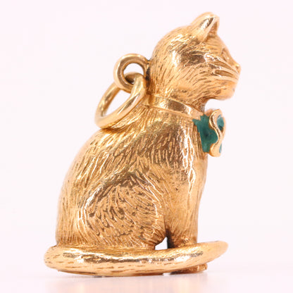 Vintage 9ct Hallmarked Yellow Gold Cat Pendant Enamel Bow Tie Animal Charm Gift