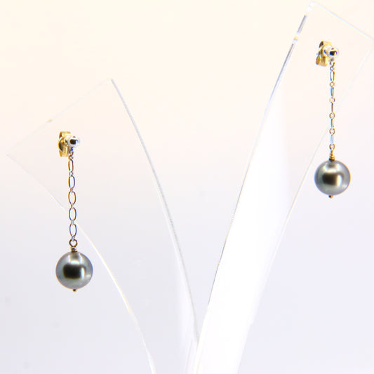 Vintage 18K Black Pearl Drop Earrings Dangle White Gold & Yellow Gold Clips