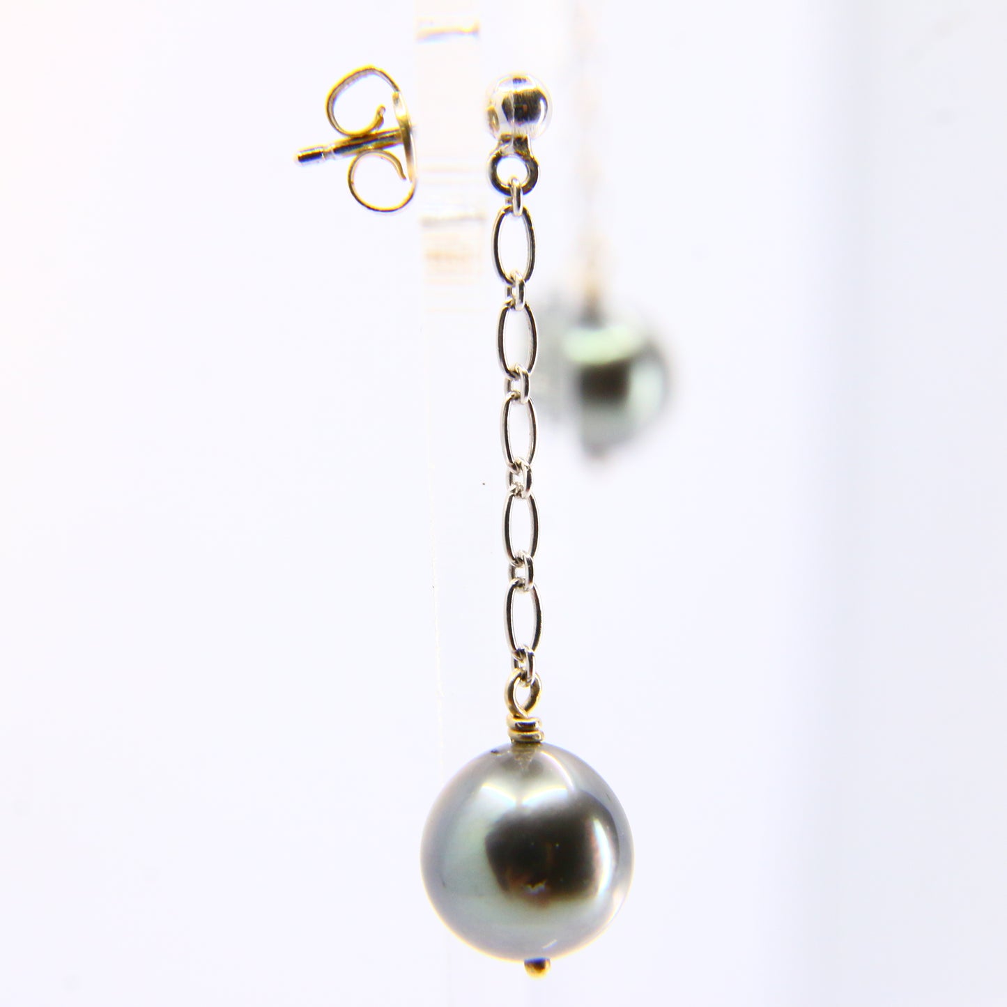 Vintage 18K Black Pearl Drop Earrings Dangle White Gold & Yellow Gold Clips