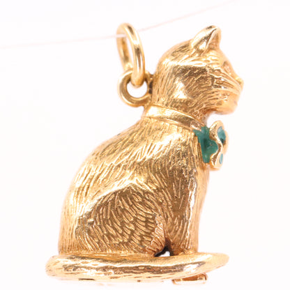 Vintage 9ct Hallmarked Yellow Gold Cat Pendant Enamel Bow Tie Animal Charm Gift