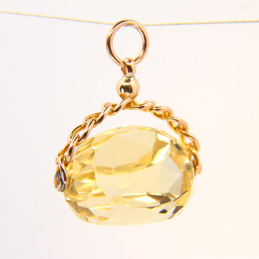 Antique 9ct Citrine Spinner Pendant Drop Fob 1913 Hallmarked Yellow Gold Charm Gift