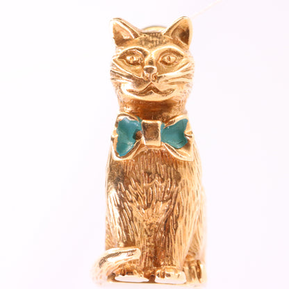 Vintage 9ct Hallmarked Yellow Gold Cat Pendant Enamel Bow Tie Animal Charm Gift