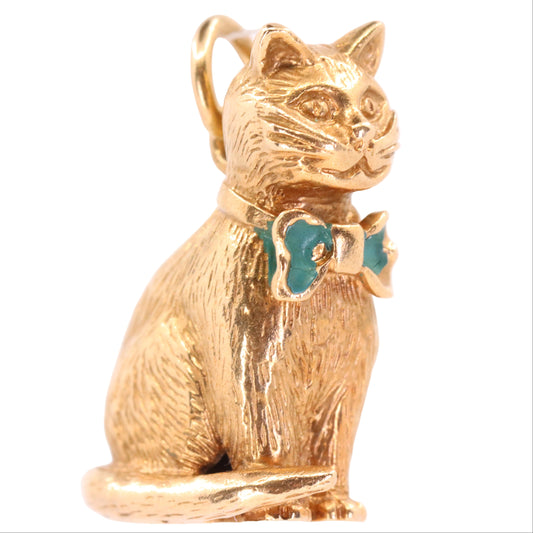 Vintage 9ct Hallmarked Yellow Gold Cat Pendant Enamel Bow Tie Animal Charm Gift