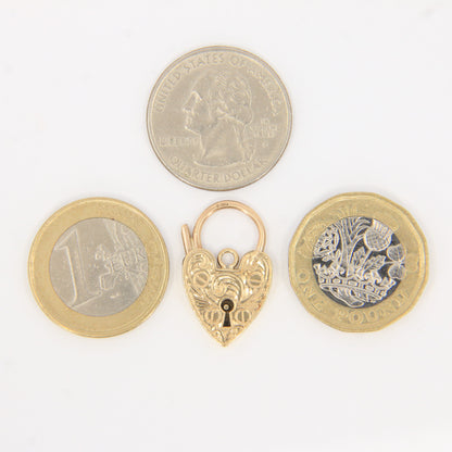 Vintage 9ct Engraved Heart Lock Gold Charm Padlock Closer Pendant Hallmarked