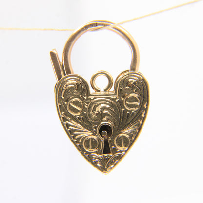 Vintage 9ct Engraved Heart Lock Gold Charm Padlock Closer Pendant Hallmarked
