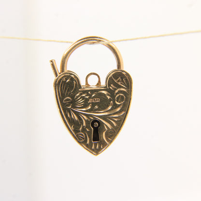 Vintage 9ct Engraved Heart Lock Georg Jenson Gold Charm Padlock Closer Pendant Hallmarked Gift