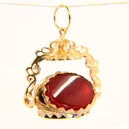 Vintage 9ct Triple Spinner Pendant Bloodstone Onyx Carnelian Hallmarked Yellow Gold Charm