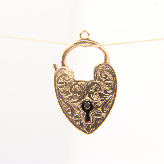 Vintage 9ct Engraved Heart Lock Gold Charm Padlock Closer Pendant Hallmarked Gift