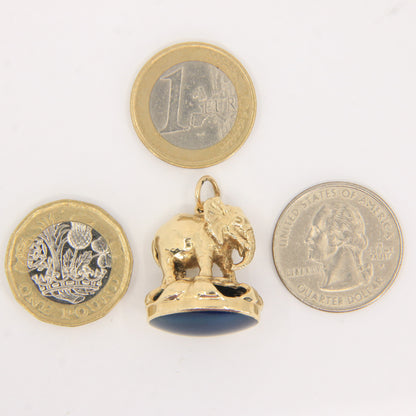 Vintage 9ct Gold Hallmarked Elephant Drop Pendant Charm Blue Agate