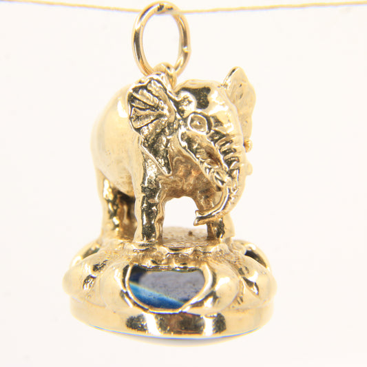 Vintage 9ct Gold Hallmarked Elephant Drop Pendant Charm Blue Agate