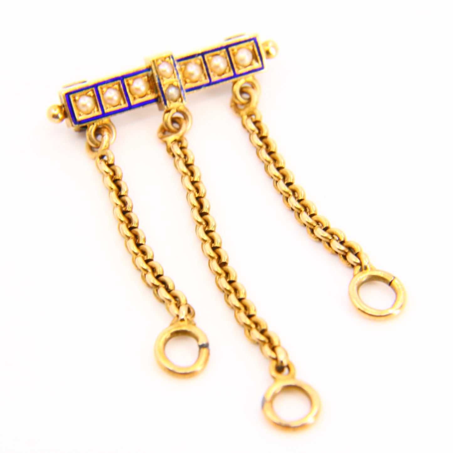 Antique Victorian 15k Gold Pearl Enamel Brooch with 3 Suspensions Chain Link