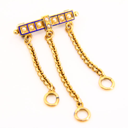 Antique Victorian 15k Gold Pearl Enamel Brooch with 3 Suspensions Chain Link
