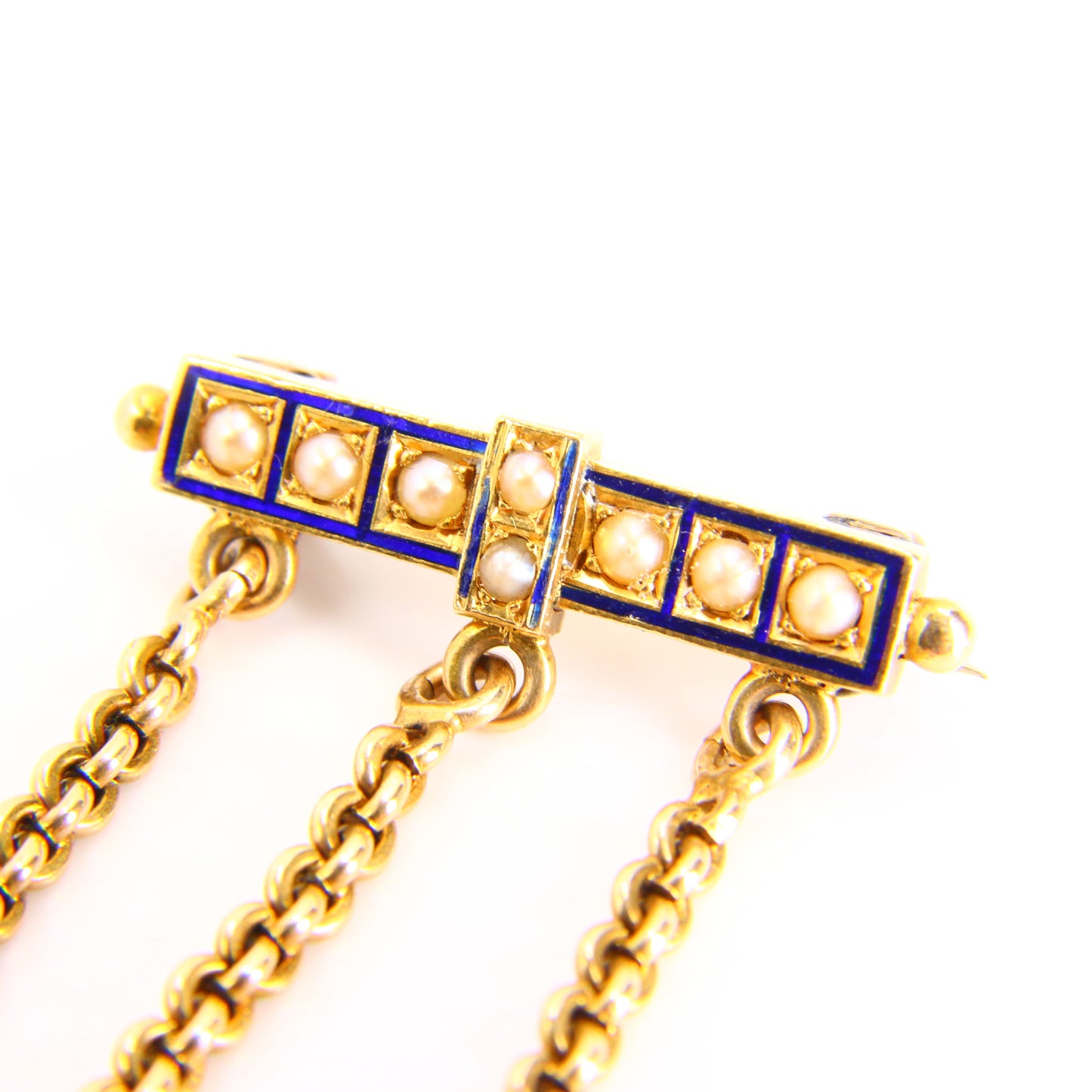 Antique Victorian 15k Gold Pearl Enamel Brooch with 3 Suspensions Chain Link