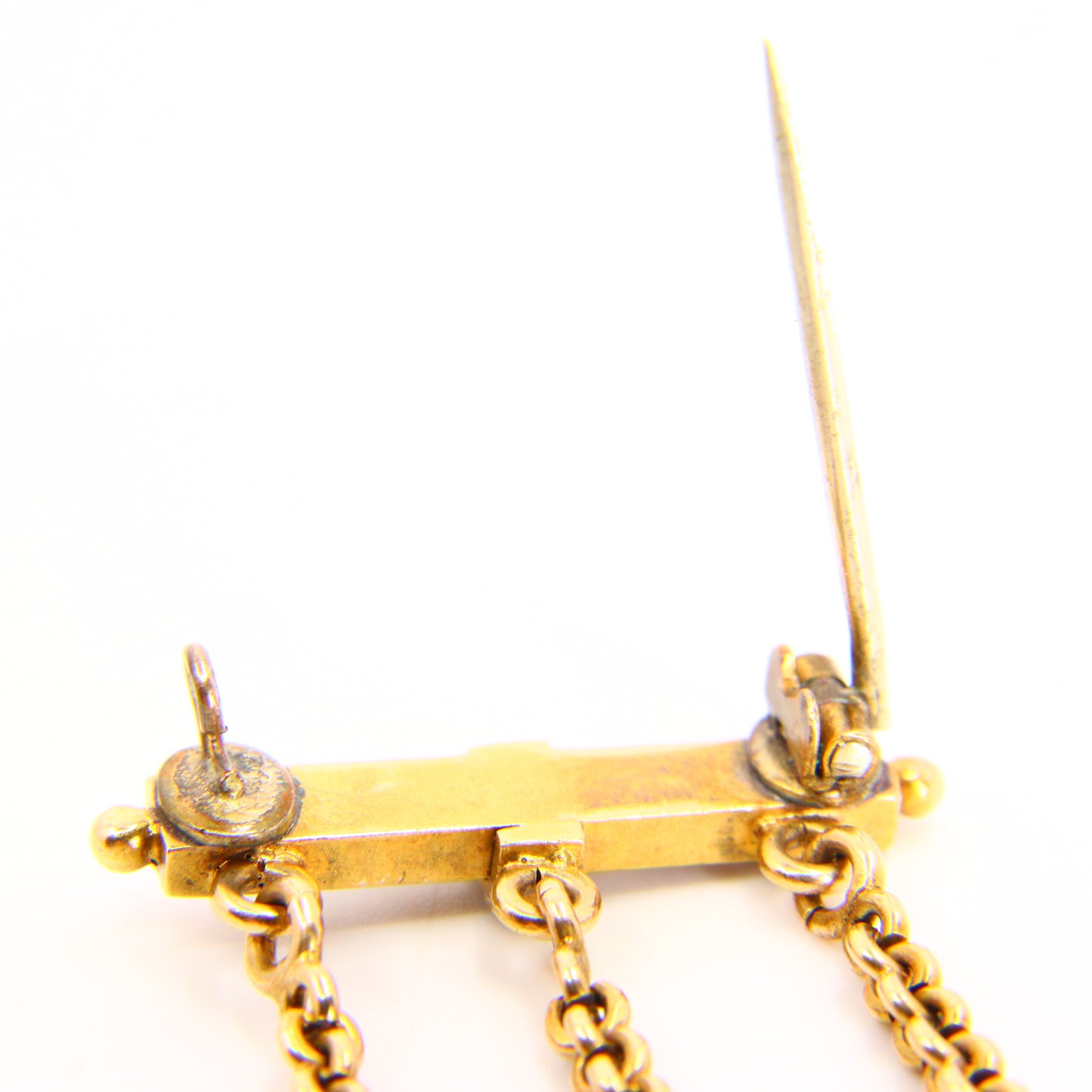 Antique Victorian 15k Gold Pearl Enamel Brooch with 3 Suspensions Chain Link