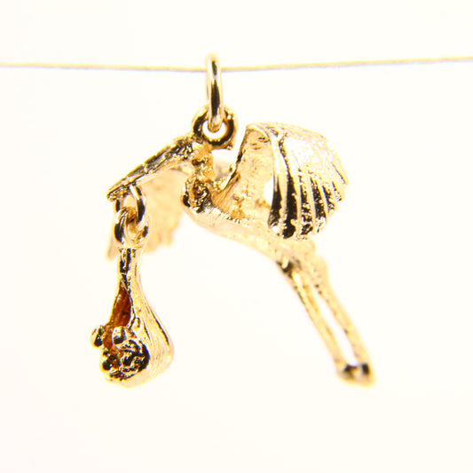 Vintage 9ct Stork Carrying Baby Charm Yellow Gold Hallmarked Baby Shower Pendant