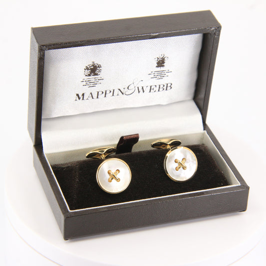 Vintage 18ct Gold Hallmarked Mother of Pearl Button Style Cufflinks Boxed